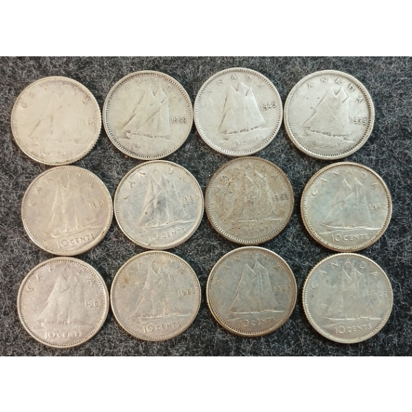 LOT OF 12 - 1939-1968 CDN 10 CENT COINS