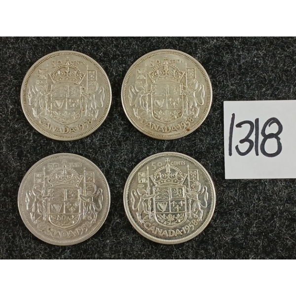 LOT OF 4 - 1958 CDN 50 CENT SILVER COINS
