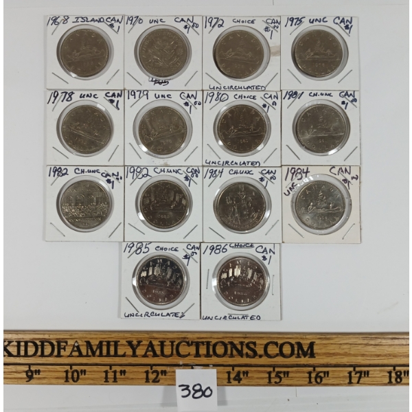 LOT OF 14 - CDN $1 COINS - UNCIRCULATED - 1968-1986