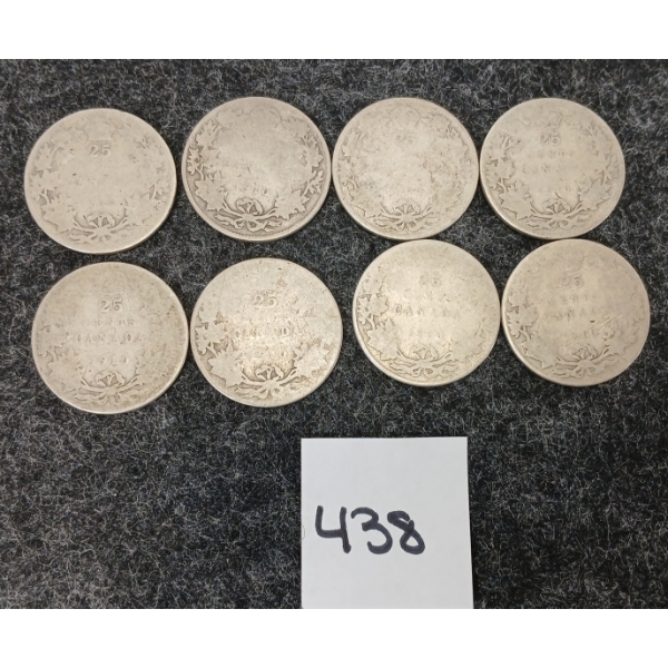 LOT OF 8 - 1908 & 1910 CDN SILVER 25 CENT PCS