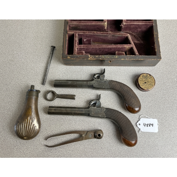 CASED PAIR OF ANTIQUE DUELLING PISTOLS IN APPROX .465 BP 