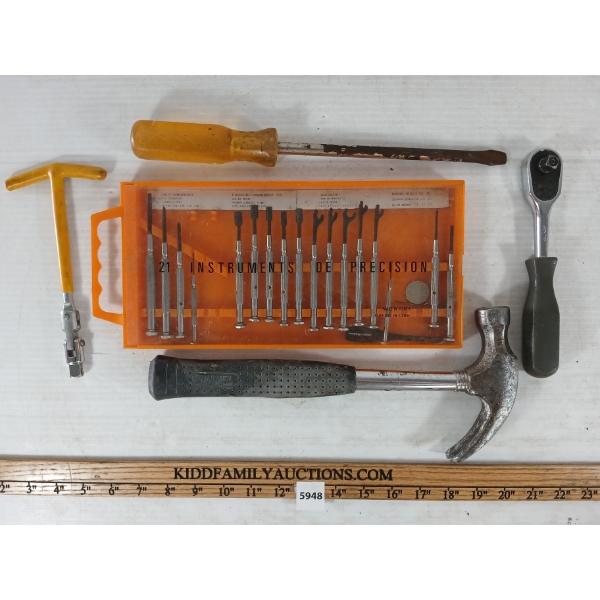 LOT OF 5 - MISC TOOLS - INCL HAMMER & SOCKET WRENCH, ETC.