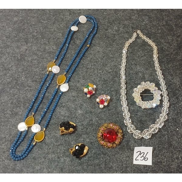 LOT OF 6 - COSTUME JEWELRY - BEADED NECKLACES, CLIP-ON EARRINGS & BROOCHES