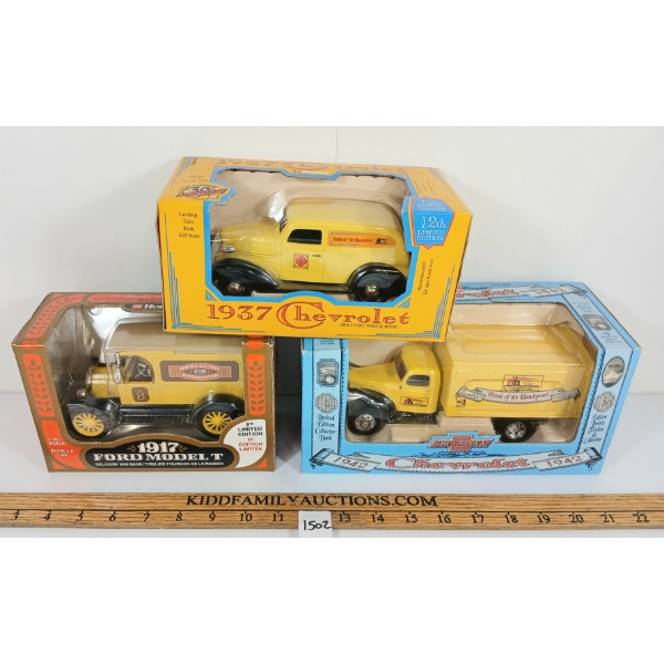 LOT OF 3 - ERTL DIECAST 1917 FORD MODEL T & HOME HARDWARE 1937-1942 CHEVROLET COIN BANKS 