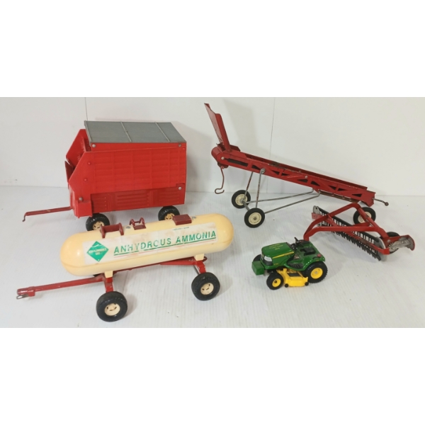 LOT OF 5 - FARM IMPLEMENTS INCL HAY RAKE, ELEVATOR & JOHN DEERE RIDING MOWER