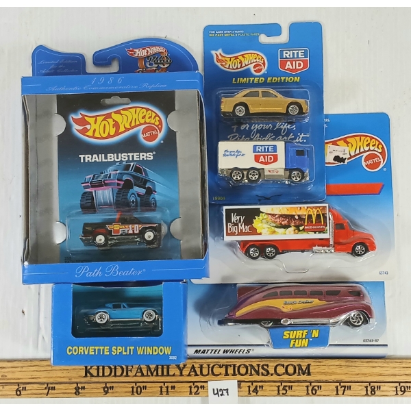 LOT OF 5 - HOTWHEELS 1990 CORVETTE SPLIT WINDOW, TRAILBUSTERS, MCDONALDS HAULER, ETC