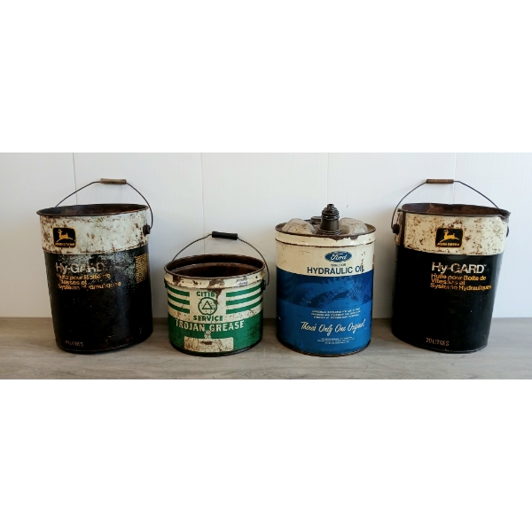 LOT OF 4 - CITIES SERVICE, FORD TRACTOR & JOHN DEERE HY-GARD FUEL CANS