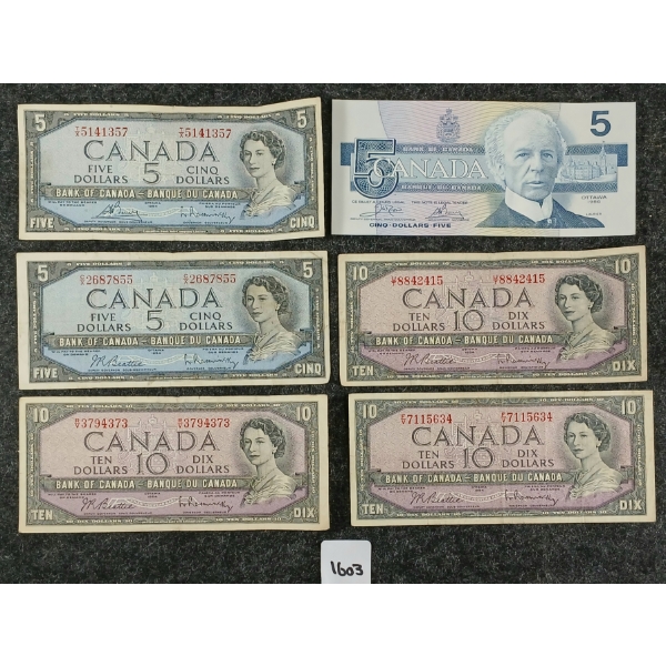 LOT OF 6 - 1954 & 1986 CDN $5 & 10 BANKNOTES
