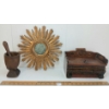 Image 2 : LOT OF 3 - CHINESE CARVED OPIUM PIPE BOX, PRIMITIVE MORTAR & PESTLE & SUNBURST FRAMED MIRROR