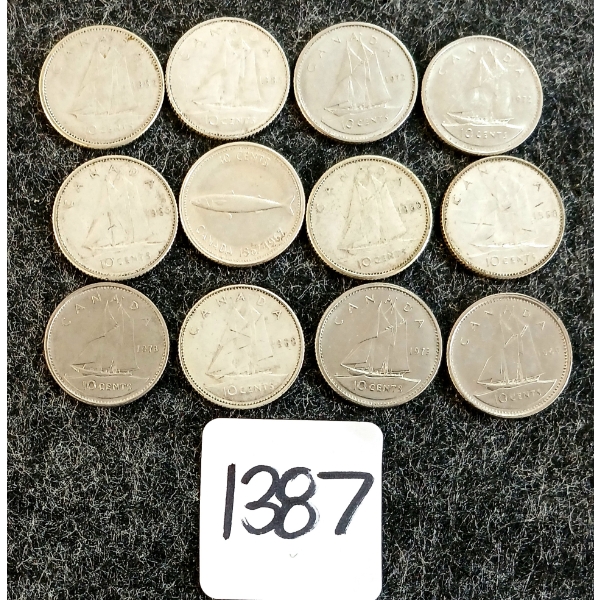 LOT OF 12 - 1960-1973 CDN 10 CENT COINS