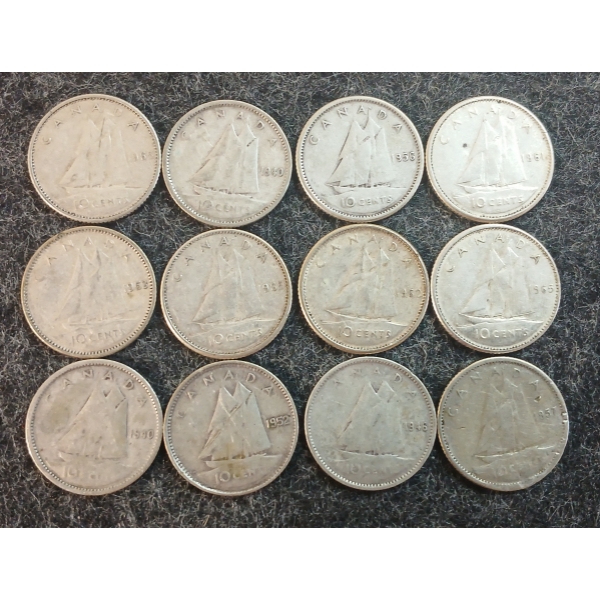 LOT OF 12 - 1940-1965 CDN 10 CENT COINS