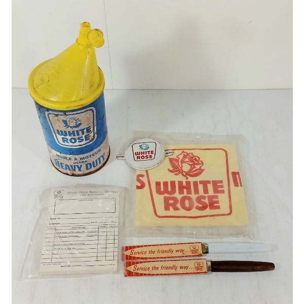 LOT OF 6 - WHITE ROSE QT MOTOR OIL FIBRE CAN, RECEIPT BOOK, KNIVES, CLOTH & TAB