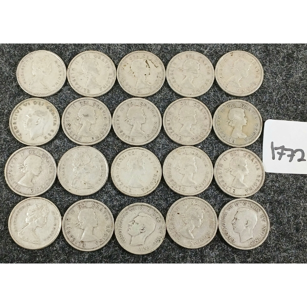 LOT OF 20 - 1943-1960 CDN SILVER 25 CENT COINS