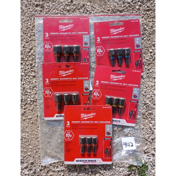 LOT OF 5 - MILWAUKEE 3PC INSERT MAGNETIC NUT DRIVERS - INCL 1/4IN & 3/8IN ETC