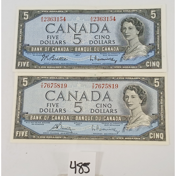 LOT OF 2 - 1954 CDN $5 BANKNOTES