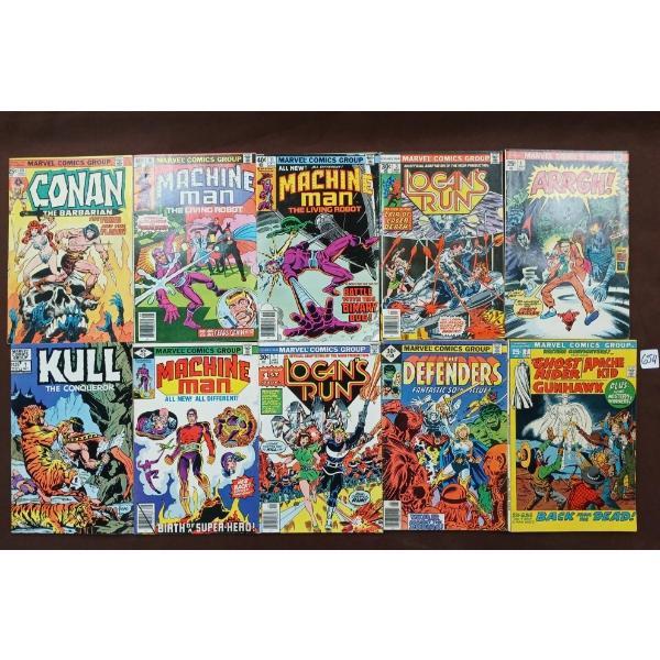 LOT OF 10 - MARVEL COMIC BOOKS - MACHINE MAN, CONAN, THE DEFENDERS, ARRGH!, ETC