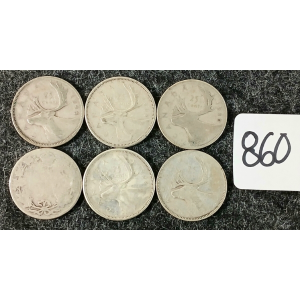 LOT OF 6 - 1918-1964 CDN 25 CENT COINS