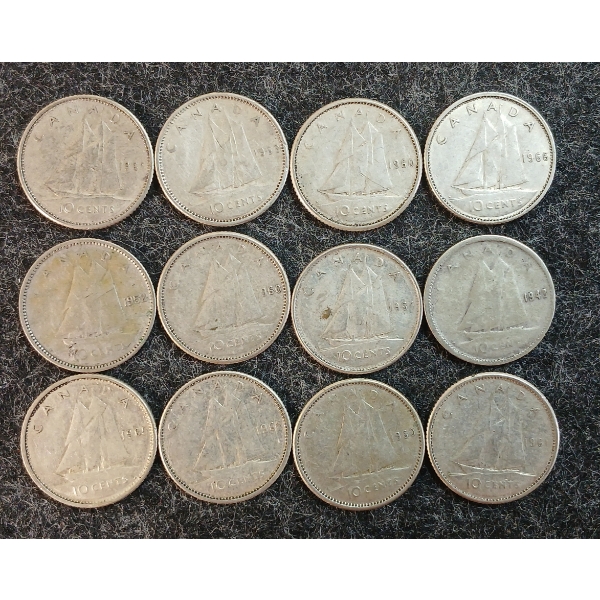 LOT OF 12 - 1943-1966 CDN 10 CENT COINS