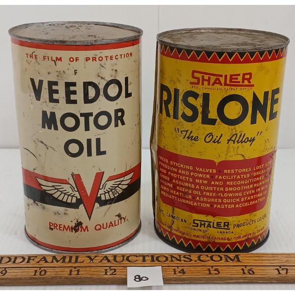 LOT OF 2 - SHALER RISLONE & VEEDOL MOTOR OIL CANS - QT