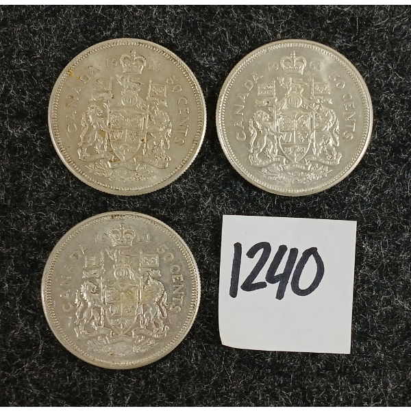 LOT OF 3 - 1962 CDN 50 CENT SILVER COINS