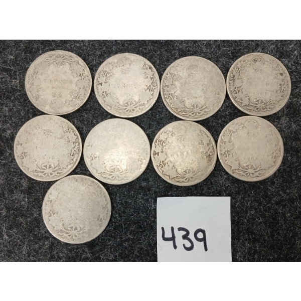 LOT OF 9 - 1906 & 1907 CDN SILVER 25 CENT PCS