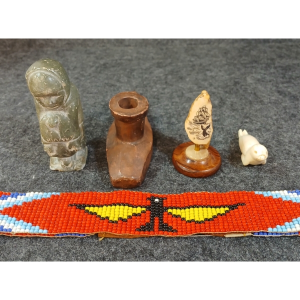 LOT OF 5 - SIGNED SOAPSTONE FIGURE, CLAY PIPE, WALRUS TOOTH SCRIMSHAW & BEADED HEADBAND