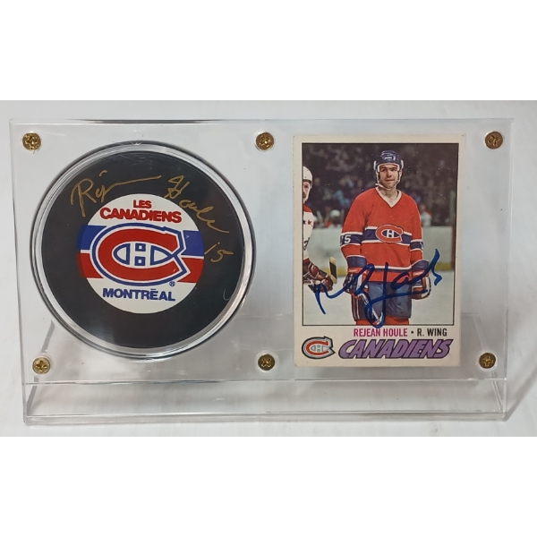 1977 OPC NHL MONTREAL CANADIENS REJEAN HOULE HOCKEY CARD & PUCK - AUTOGRAPHED