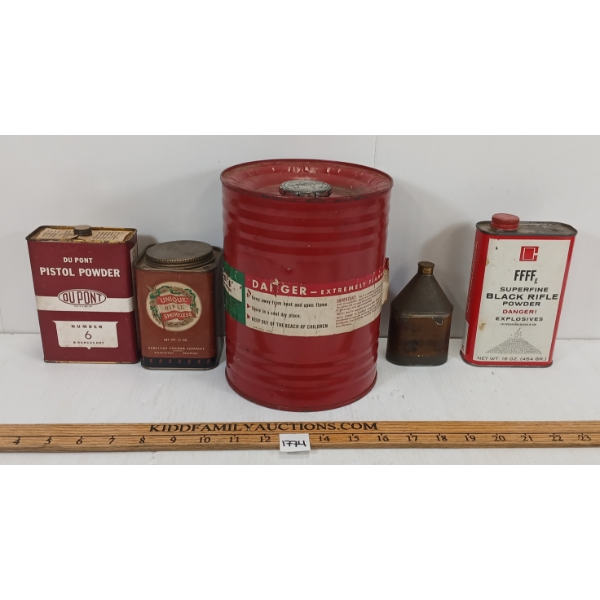 LOT OF 5 - POWDER & GUN OIL TINS - INCL "UNIQUE" & DU PONT ETC