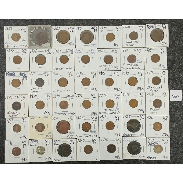 LOT OF 42 - 1822-1943 US 1 CENT COINS - INCL INDIAN HEAD & FLYING EAGLE 