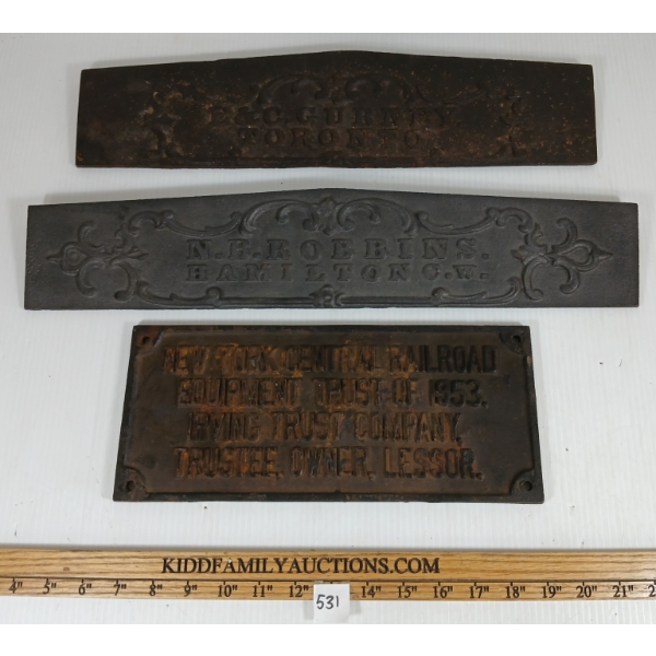 LOT OF 3 - CAST IRON PLAQUES - INCL 1953 NY CENTRAL RAILWAY, HAMILTON C.W, &  E & C GURNEY TORONTO