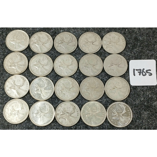 LOT OF 20 - 1939-1965 CDN SILVER 25 CENT COINS