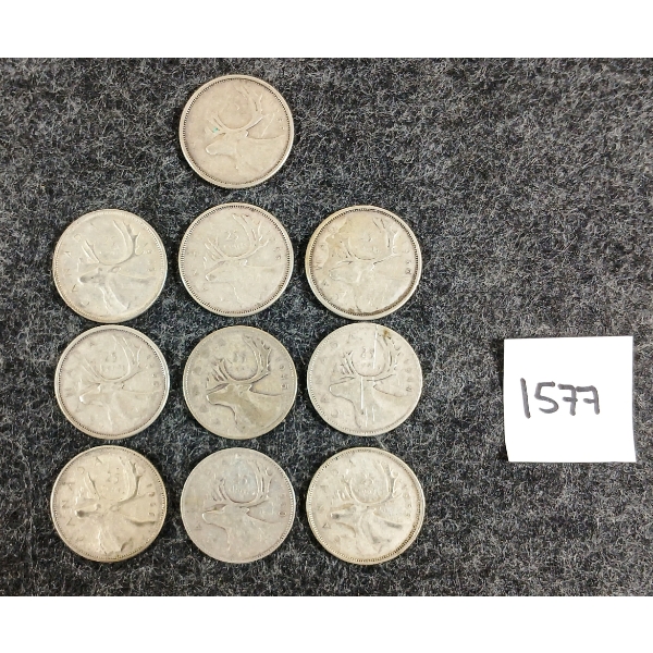 LOT OF 10 - 1944-1966 CDN 25 CENT SILVER COINS