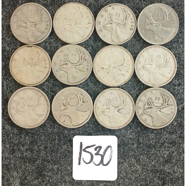 LOT OF 12 - 1937-1979 CDN 25 CENT COINS