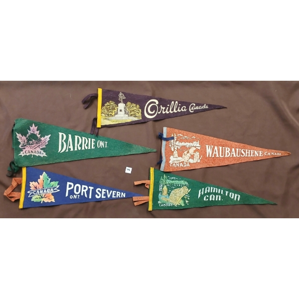LOT OF 5 - PENNANT BANNERS - INCL BARRIE, HAMILTON, ORILLIA, ETC