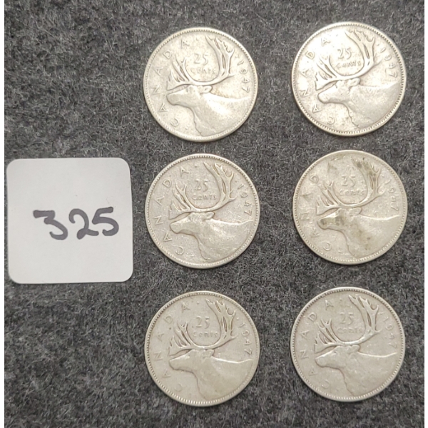 LOT OF 6 - 1947 CDN 25 CENT COINS 