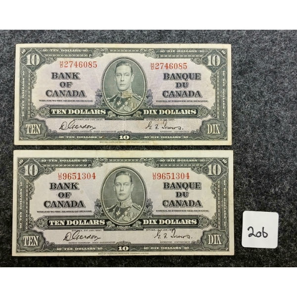 LOT OF 2 - 1937 CDN $10 BANKNOTES