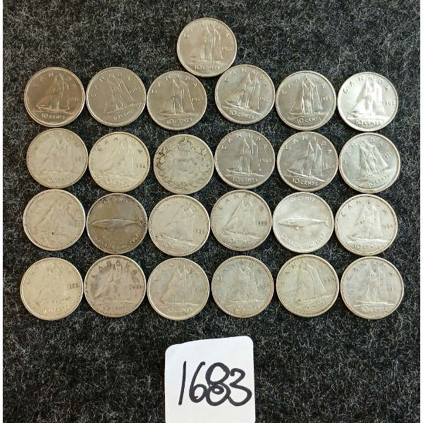LOT OF 25 - 1955-1973 CDN 10 CENT COINS