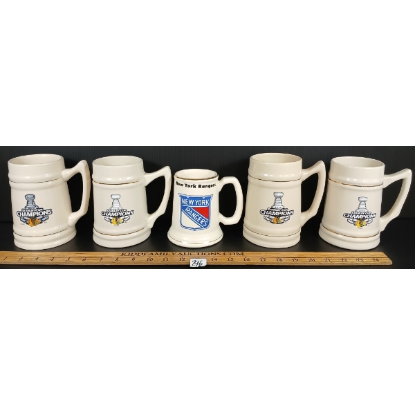 LOT OF 5 - NFL CERAMIC STEINS - NEW YORK RANGERS & CHICAGO BLACK HAWKS