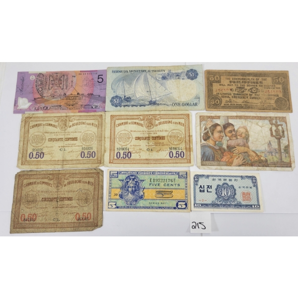 LOT OF 9 - WORLD BANKNOTES - INCL U.S. MILITARY PAYMENT CERTIFICATE & WWI FRANCE NOTES, ETC