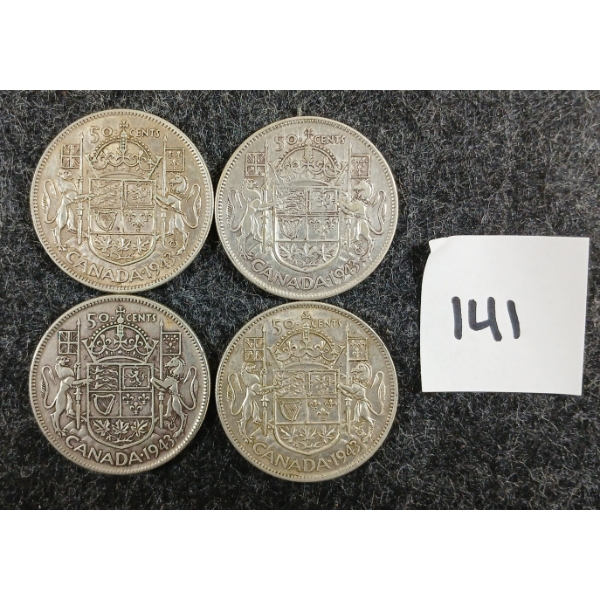 LOT OF 4 - 1943 CDN 50 CENT SILVER COINS