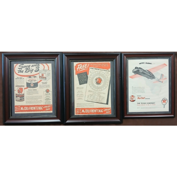 LOT OF 3 - FRAMED MCCOLL-FRONTENAC CLOCK, TEXACO SKY CHIEF & THE BIG THREE PAPER ADVERTISEMENTS