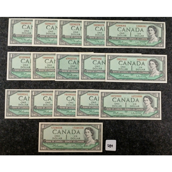 LOT OF 16 - 1954 CDN $1 BANKNOTES - INCL UNCIRCULATED & SEQUENTIAL