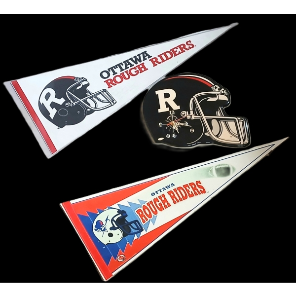 LOT OF 3 - OTTAWA ROUGH RIDERS FOOTBALL HELMET WALL CLOCK & PENNANTS - AUTOGRAPHED