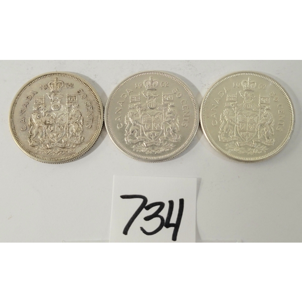 LOT OF 3 - 1962 CDN 25 CENT SILVER COINS