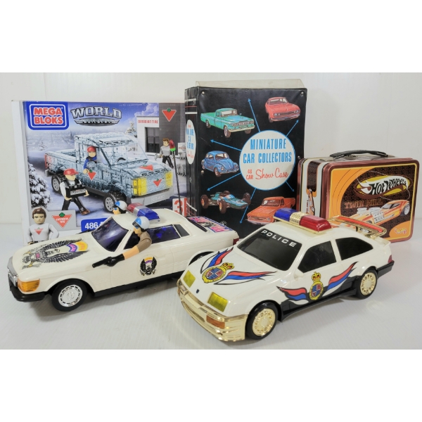LOT OF 5 - MEGA BLOKS KIT, HOTWHEELS LUNCHBOX & THERMOS, FEDERAL POLICE LIGHT UP CARS, ETC