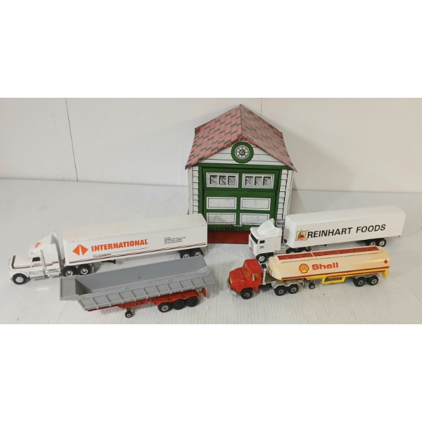 LOT OF 5 - TIN GARAGE & TRACTOR TRAILERS 