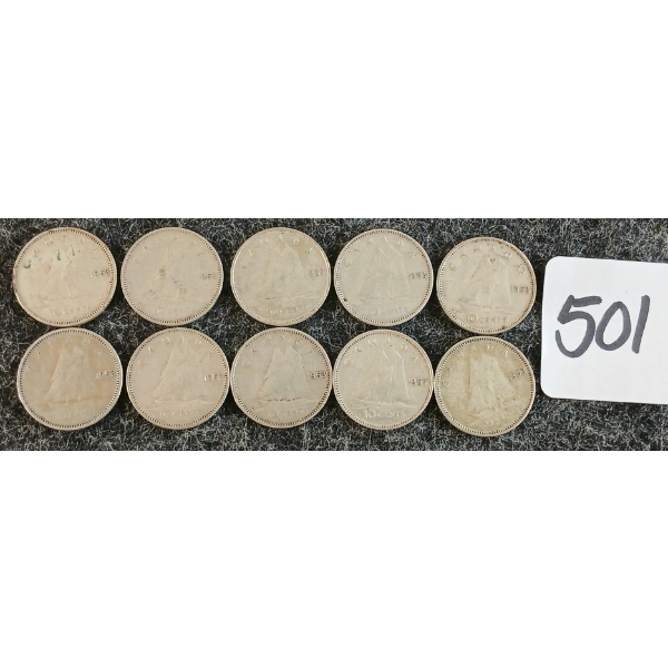 LOT OF 10 - 1953 CDN 10 CENT COINS