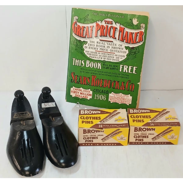 JOB LOT - 1906 "THE GREAT PRICE MAKER" SEARS CATALOG, DACK'S SHOE TREES & BROWN CLOTHES PINS