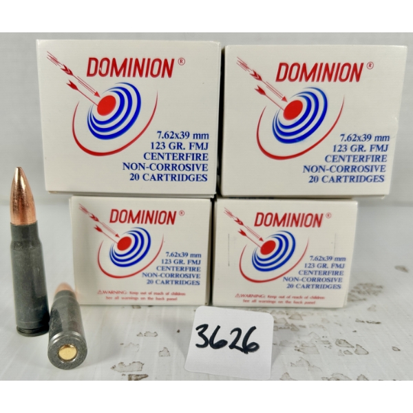 AMMO: 80X DOMINION 7.62X39 MM - 123 GR FMJ