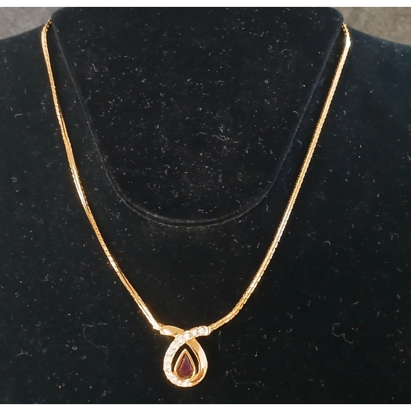 GOLD-TONED RUBY & DIAMOND TEAR DROP NECKLACE